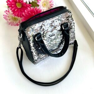 NEW Justice Silver Sequin Black Purse Crossbody Bag Shoulder Strap Zipper Clutch
